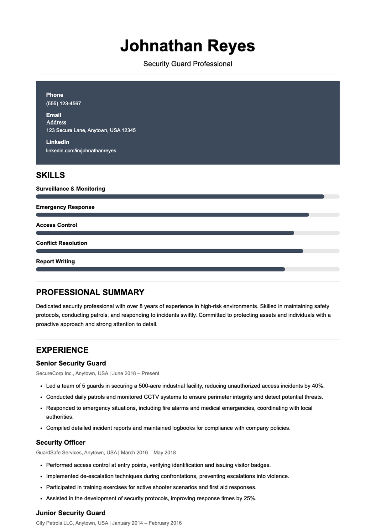 Professional security guard resume with skills bar chart and experience highlights_variant_2